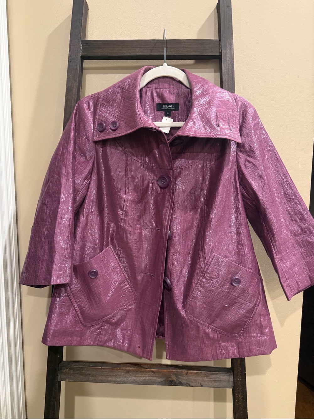 Tribal Metallic Plum Three-Quarter Sleeve Trench Coat